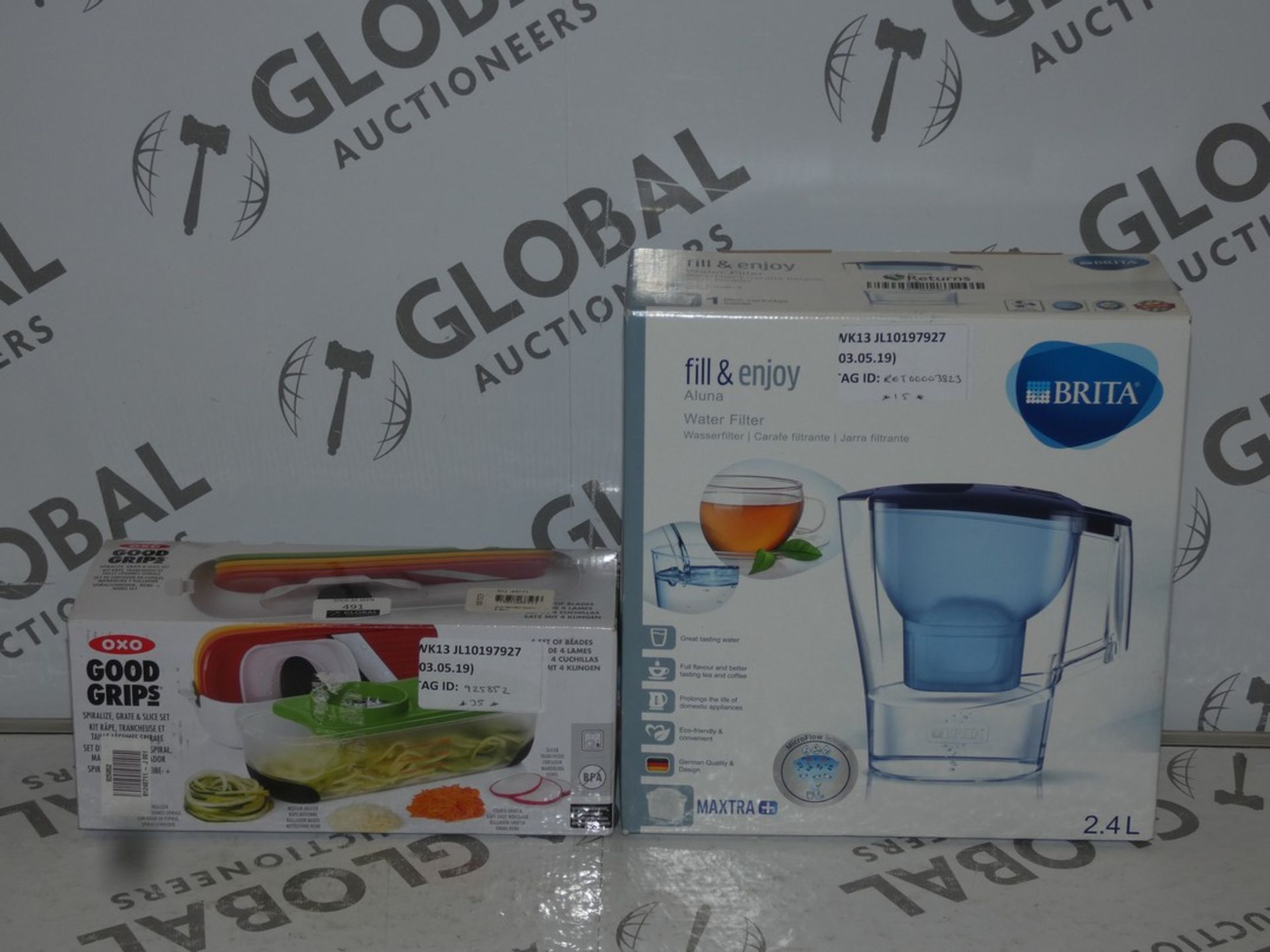 Boxed Assorted Kitchen Items to Include Oxo Good Grips Spiralizer and Slicers and a Brita Water