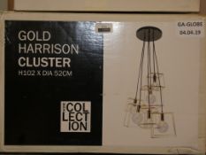 Lot to Contain 2 Boxed Assorted Lights to Include a Gold Harrison Cluster Light and a Zoe Flush