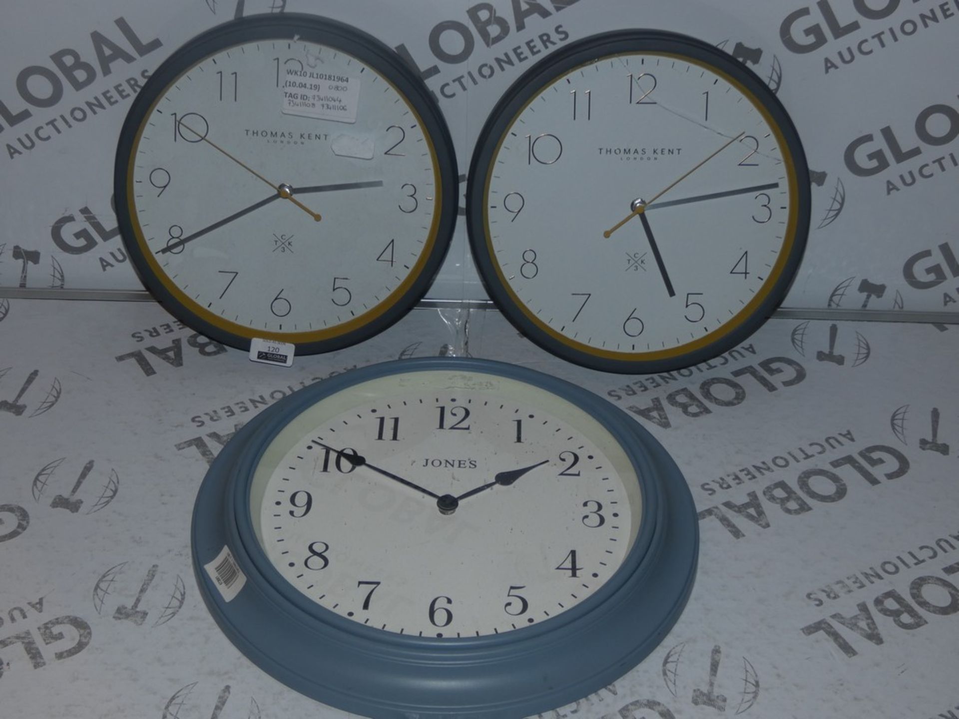 Lot to Contain 3 Assorted Jones and Thomas Kent Collection Grey Circular Painted Wall Clocks RRP £80