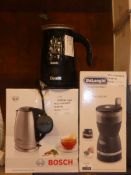 Lot to Contain 3 Assorted Items to Include a Delonghi Coffee Grinder, Bosch Cordless Jug Kettle