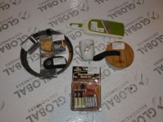 Lot to Contain 7 Assorted Items to Include Chef Food Slicers, Leon Storage Container, Wood Furniture