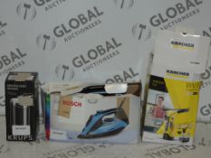 Boxed Assorted Items to Include Krups Coffee Grinders, Bosch Sensixx Steam Irons and Karcher WV5