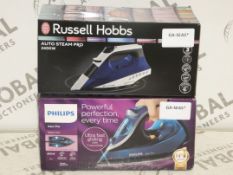 Boxed Assorted Philips and Russell Hobbs Auto Steam Pro Irons and Azure Pro Steam Irons