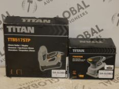 Assorted Titan TTB592SDR 180W Quarter Sheet Sanders and TTB57STP 5mm Nail and Stapler Guns RRP £20 -