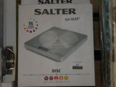 Boxed Assorted Salter Mini Digital Weighing Scales to Include the GEO Range, the Disc Range and