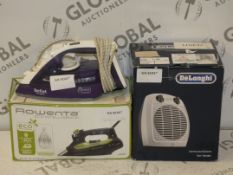 Assorted Boxed and Unboxed Items to Include a Tefal Ultra Glide Steam Iron, Rowenta Eco Intelligence