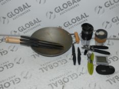 Assorted Items to Include Woks, 3 Piece Knife Sets, Bodum Travel Mugs, Tin Openers and Countdown