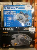 Boxed Assorted Items to Include a Titan TTB290SDR Belt Sander and an Energer 1300w 185mm Circular