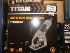 Lot to Contain 1 Titan 100W Mini Circular Saw and 1 Erbauer ERB561SRG 700W HVLP Spray Gun Combined