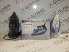 Assorted Boxed and Unboxed Irons By Bosch, Phillips Azure Performer Plus and Tefal Aqua speed