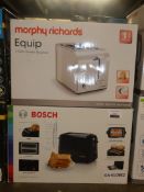 Assorted Items to include 1 Bosch Black 2 Slice Toaster and 1 Morphy Richards Equip 2 Slice
