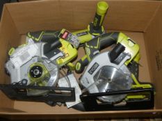 Assorted Ryobi 1forAll Power Tools to Include Hand Held Circular Saws, Impact Drills, Angle Grinders