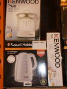 Lot to Contain 3 Boxed Assorted Items to Include a Kenwood Citrus Press, a Russell Hobbs White