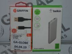 Lot to Contain 4 Assorted Belkin Items to Include Belkin Iphone Chargers, Charge Sync Cables,