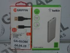 Lot to Contain 4 Assorted Belkin Items to Include Belkin Iphone Chargers, Charge Sync Cables,