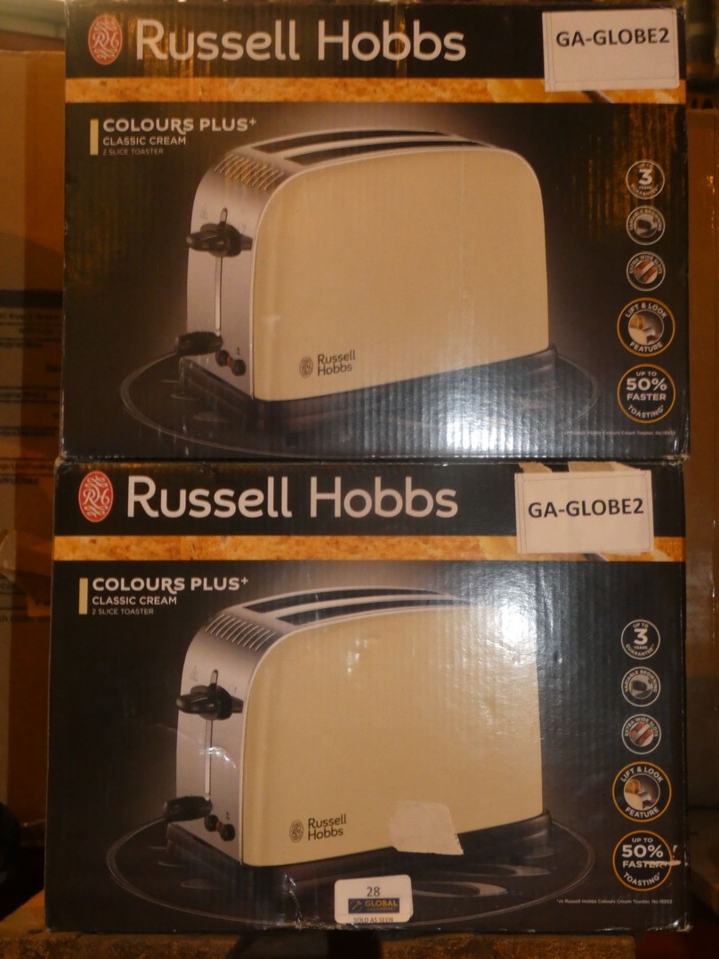 Lot to Contain 2 Boxed Russell Hobbs Colours Plus Classic Cream 2 Slice Toasters Combined RRP£50