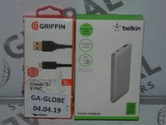 Lot to Contain 4 Assorted Belkin Items to Include Belkin Iphone Chargers, Charge Sync Cables,
