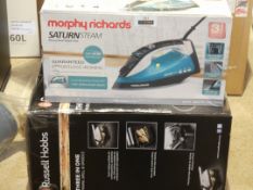 Boxed Assorted Items to Include a Morphy Richards Saturn Steam Iron and a Russell Hobbs 3 in 1