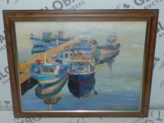 Boats Docking At Harbour - Artist, P. Hodgking. Framed Painted Print, No Glass. Estimated Value