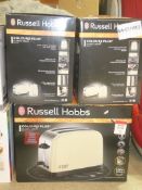 Assorted Boxed Kitchen Items to Include Russell Hobbs 2 Slice Cream Toaster and 2 Russell Hobbs