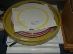 Lot to Contain 5 Assorted Items to Include a Set of 4 Dinner Plates, Skandi Wood Round Grey and 3