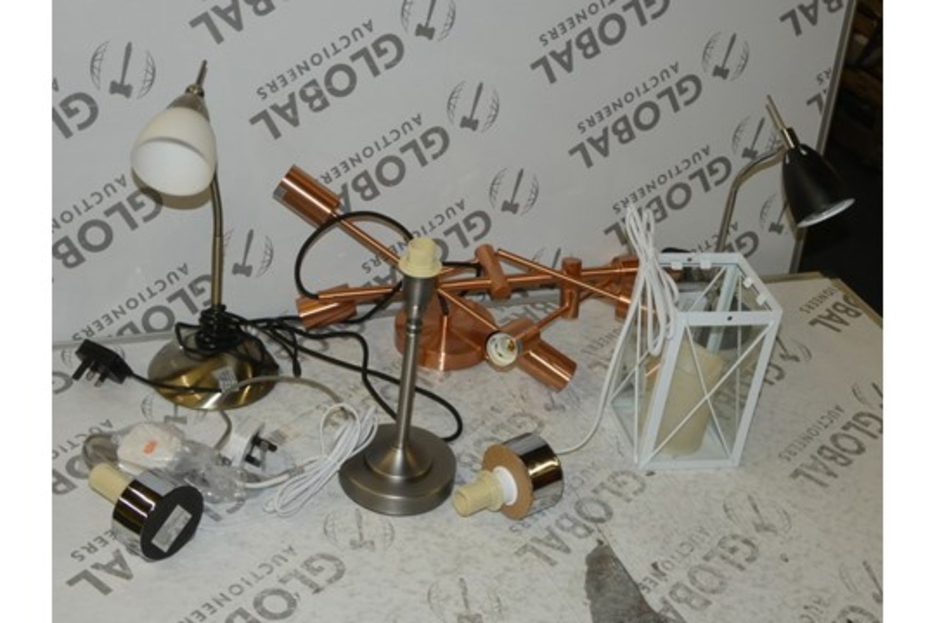 Lot to Contain 7 Assorted Lighting Items to Include Copper Base Ceiling Light Fittings, Lantern