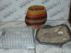 Assorted Items to Include Seat Pads, Coastal Jute Navy Storage Baskets, and Natural Weave Baskets