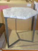 Boxed West Elm Hex Occasional White Marble Raw Steel Side Table RRP£140 (RET00355606)(Viewing or