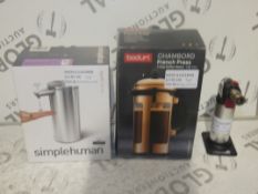 Assorted Items to Include Simple Human Automatic Soap Dispensers, Bodum Chambord French Coffee