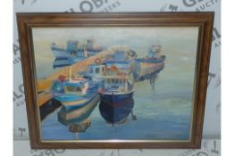 Boats Docking At Harbour - Artist, P. Hodgking. Framed Painted Print, No Glass. Estimated Value