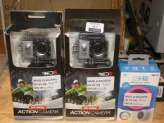 Assorted Items To Include a HE Light Up Shower Speaker 2 Red Fibre 1080p Action Cameras and a Motion