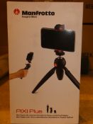 Boxed Manfrotto Pixie Plus Mini Tripod With Universal Smartphone Clamp and Go Pro Adaptor RRP £45