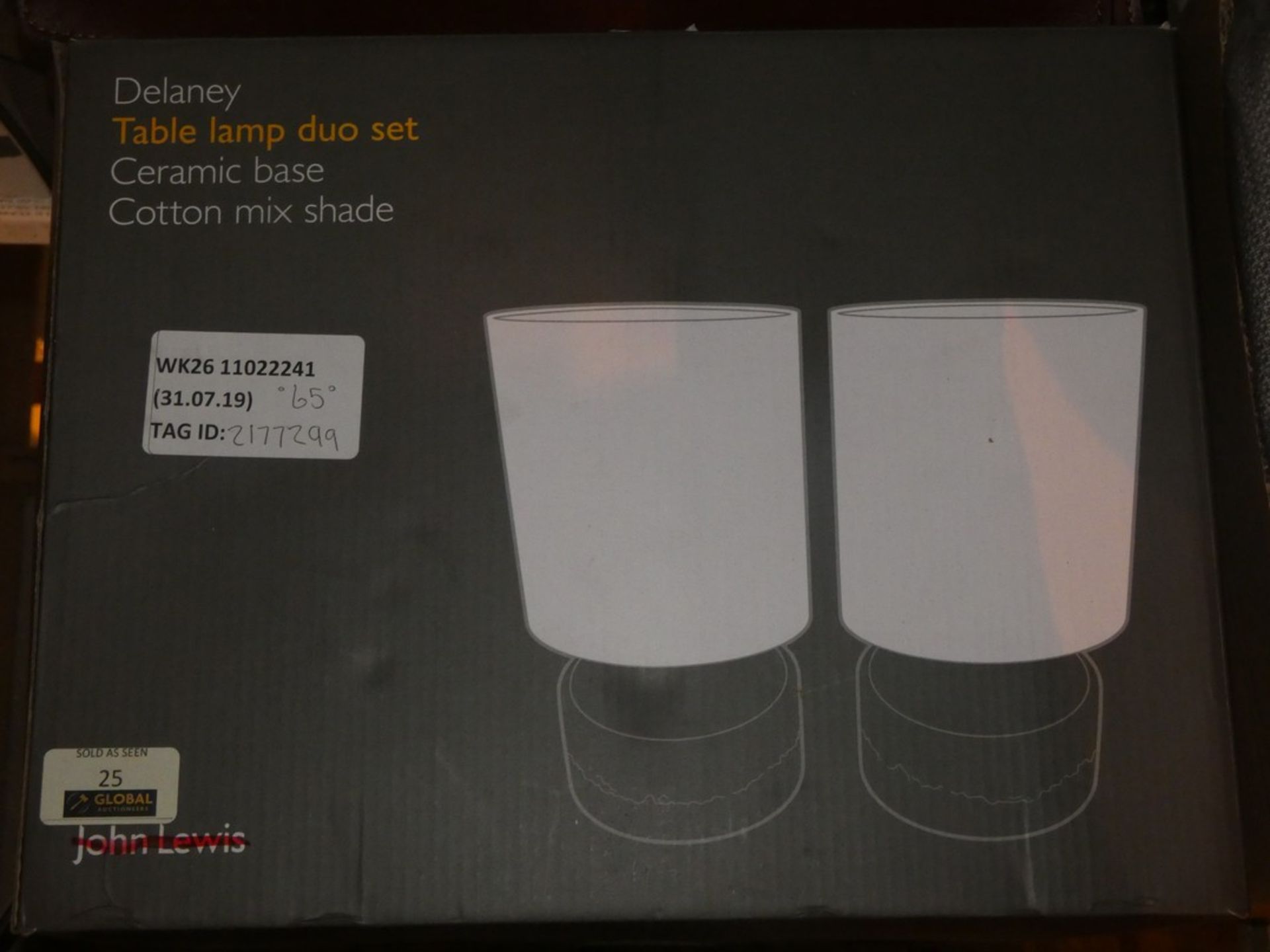 Boxed Pair Of Delaney Ceramic Base Cotton Mix Shade Table Lamps RRP £60 Each (2177299) (Viewings And