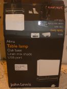 Boxed John Lewis And Partners Alma Oak Base Linen Mix Shade Table Lamp With A USB Charging Port