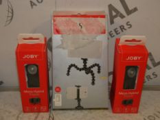 Boxed Assorted Items to Include 2 Joby Micro Hybrid Tripods and an XL Joby Gorilla Tight Pod Stand