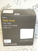 Boxed John Lewis And Partners Alma Oak Base Linen Mix Shade Table Lamp With USB Port RRP£35.0(