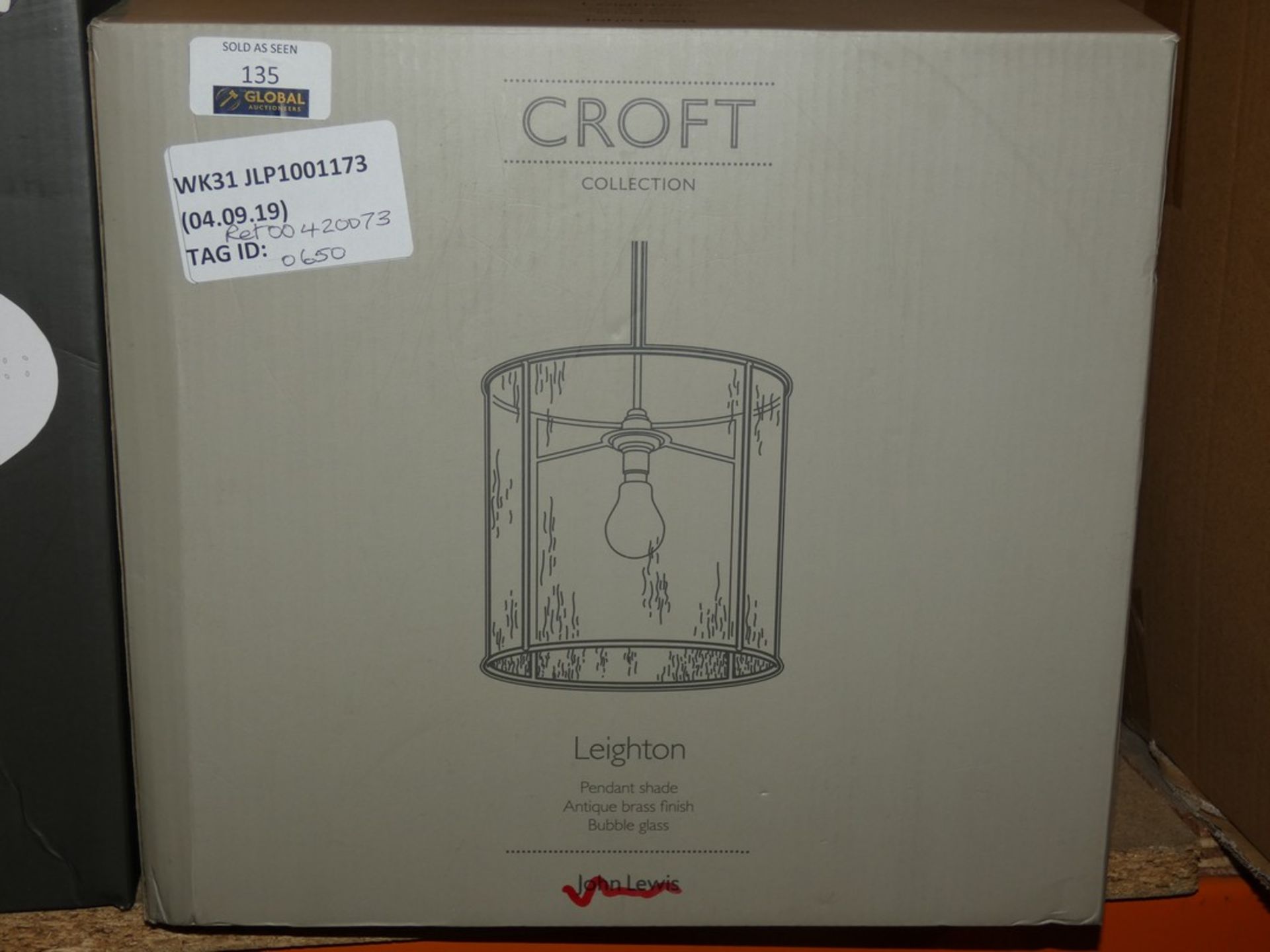 Boxed Croft Collection Leighton Antique Brass Bubble Glass Finish Pendant Light RRP £65 (