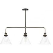 Boxed Ray 3 Light Antique Brass Clear Pendant RRP £135 (Public Viewing and Appraisals Available)