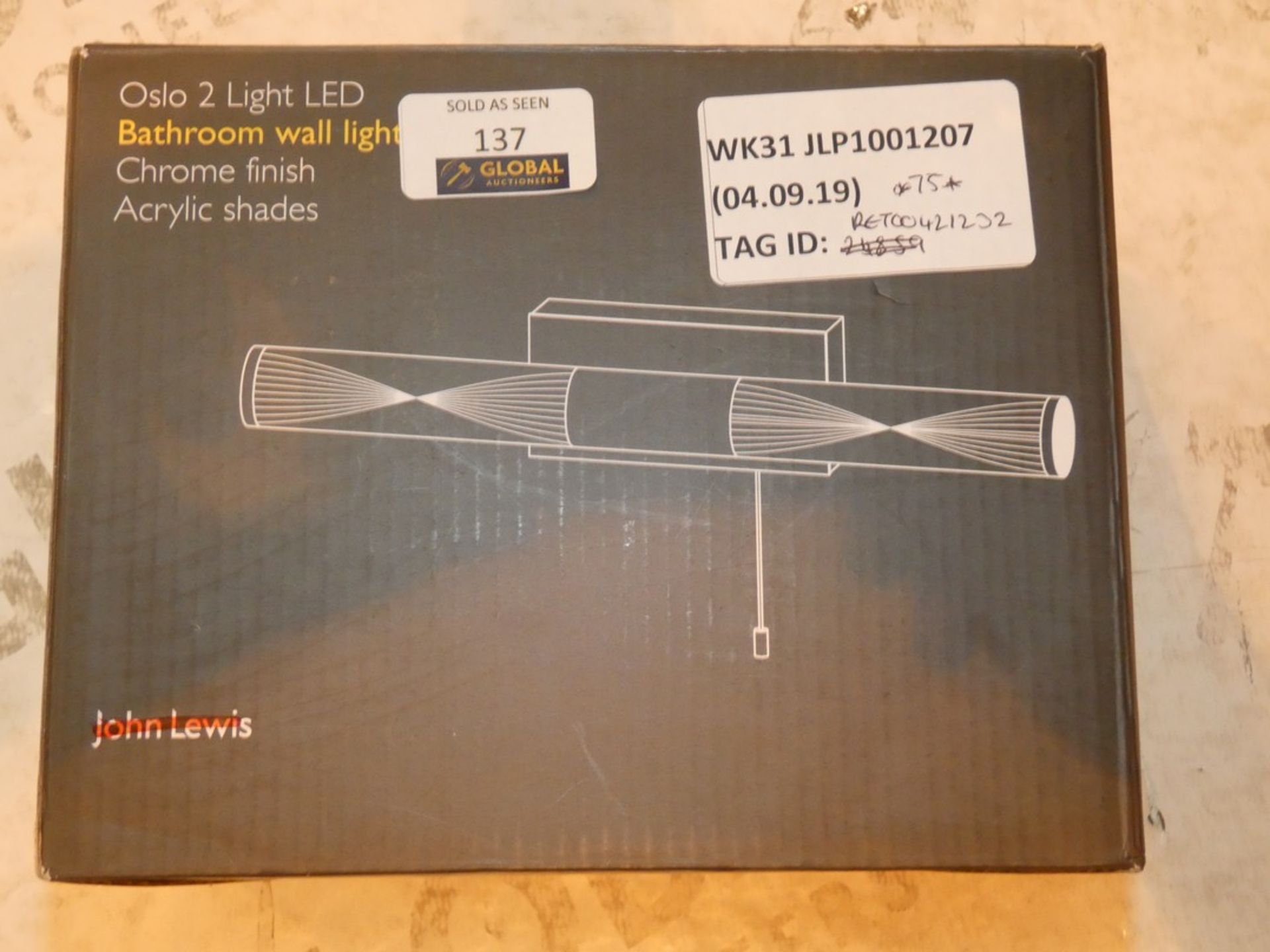 Boxed John Lewis and Partners Oslo 2 Light LED Chrome Finish Acryllic Shade Wall Light Fitting