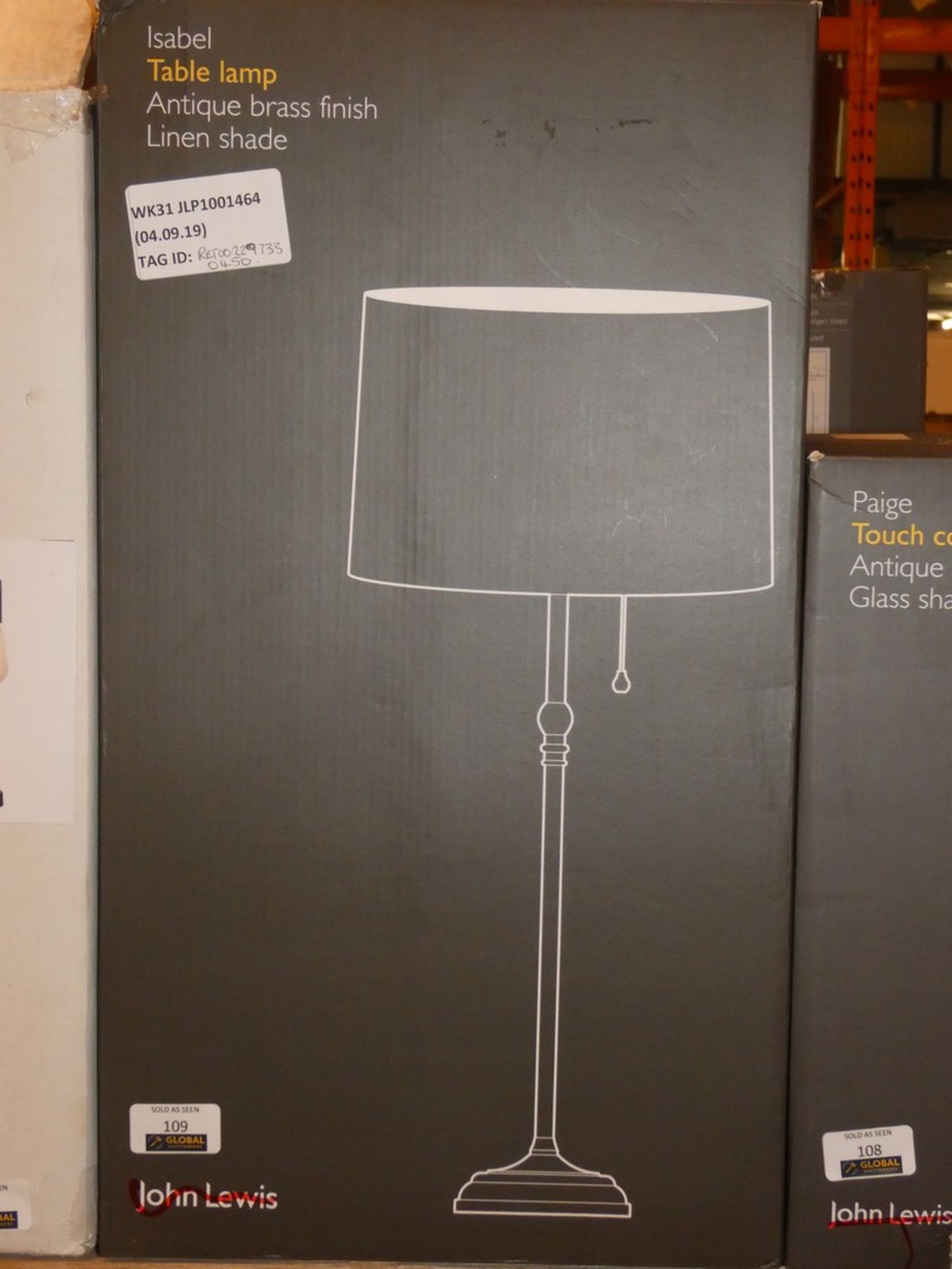 Boxed John Lewis and Partners Isobel Antique Brass Linen Shade Table Lamp RRP £45 (RET00229733) (