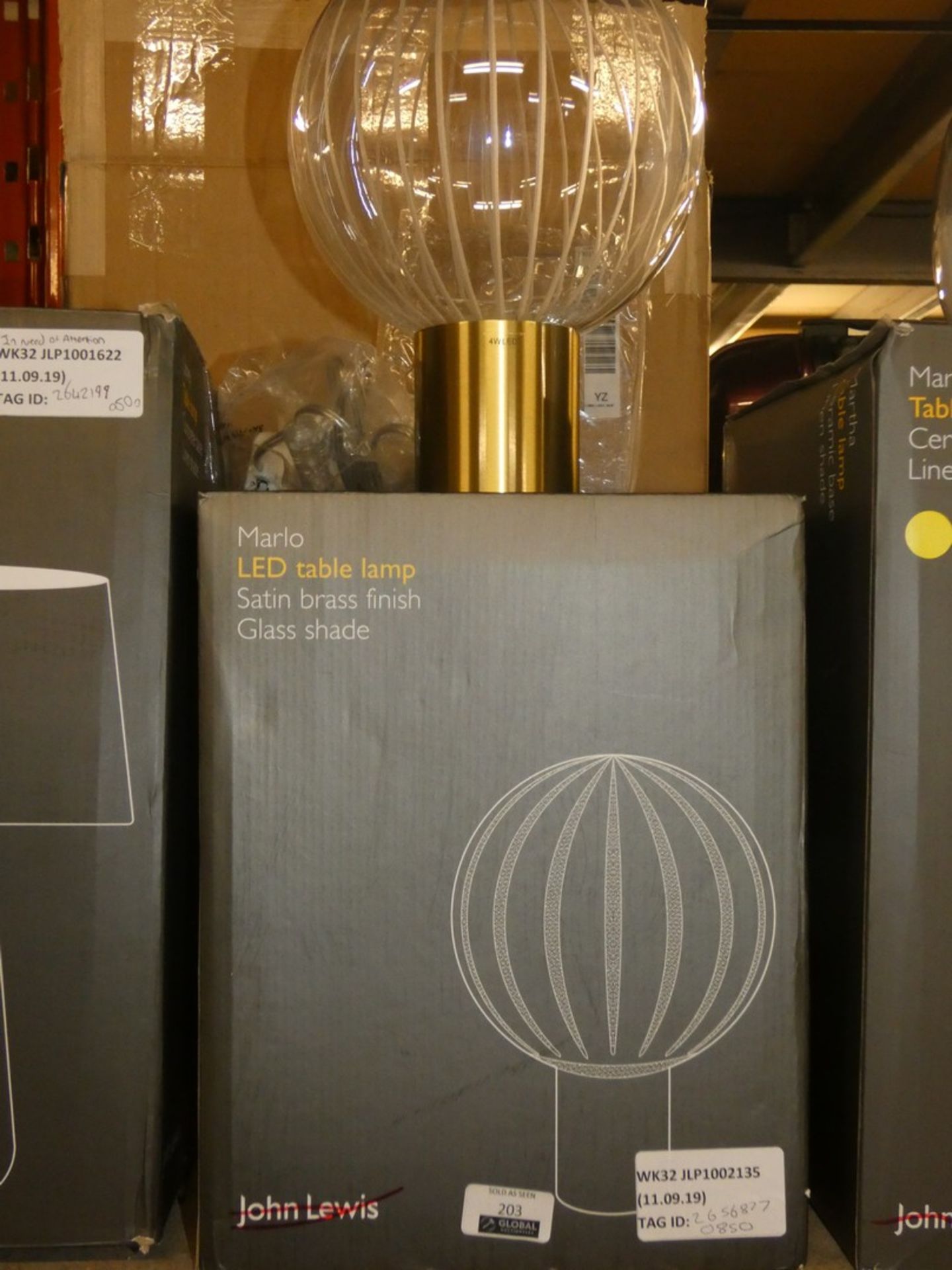 Boxed John Lewis And Partners Marlo LED Satin Brass Finish Glass Shade Table Lamp RRP £85 (