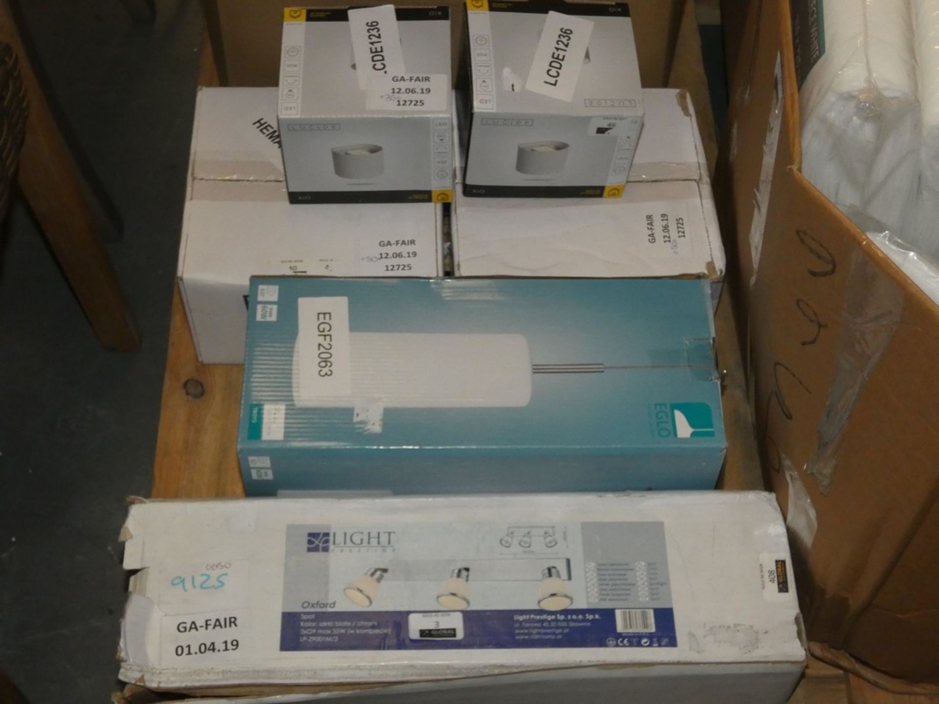 Boxed Assorted Lighting Items to Include a Light Prestige Ceiling Light, Eglo Ceiling Light and 2