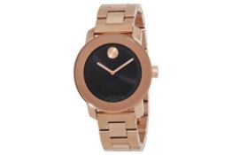 Movado Bold Ladies Watch Reference 3600463, PVD Rose Gold Plated Bracelet & Case, Black Dial. New