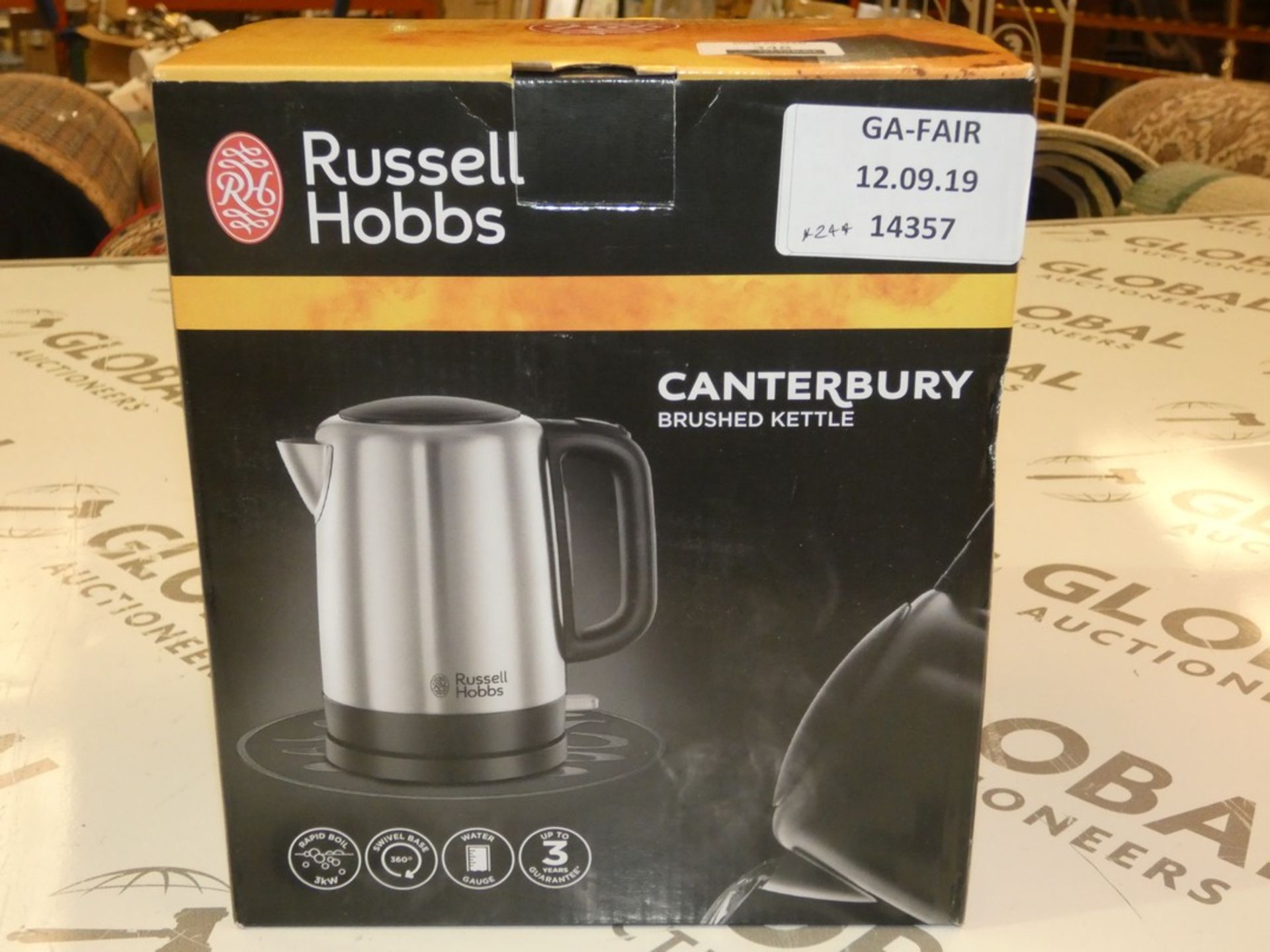 Boxed Russell Hobbs Canterbury Brushed Steel Cordless Jug Kettle RRP £30 (14357) (Public Viewing and