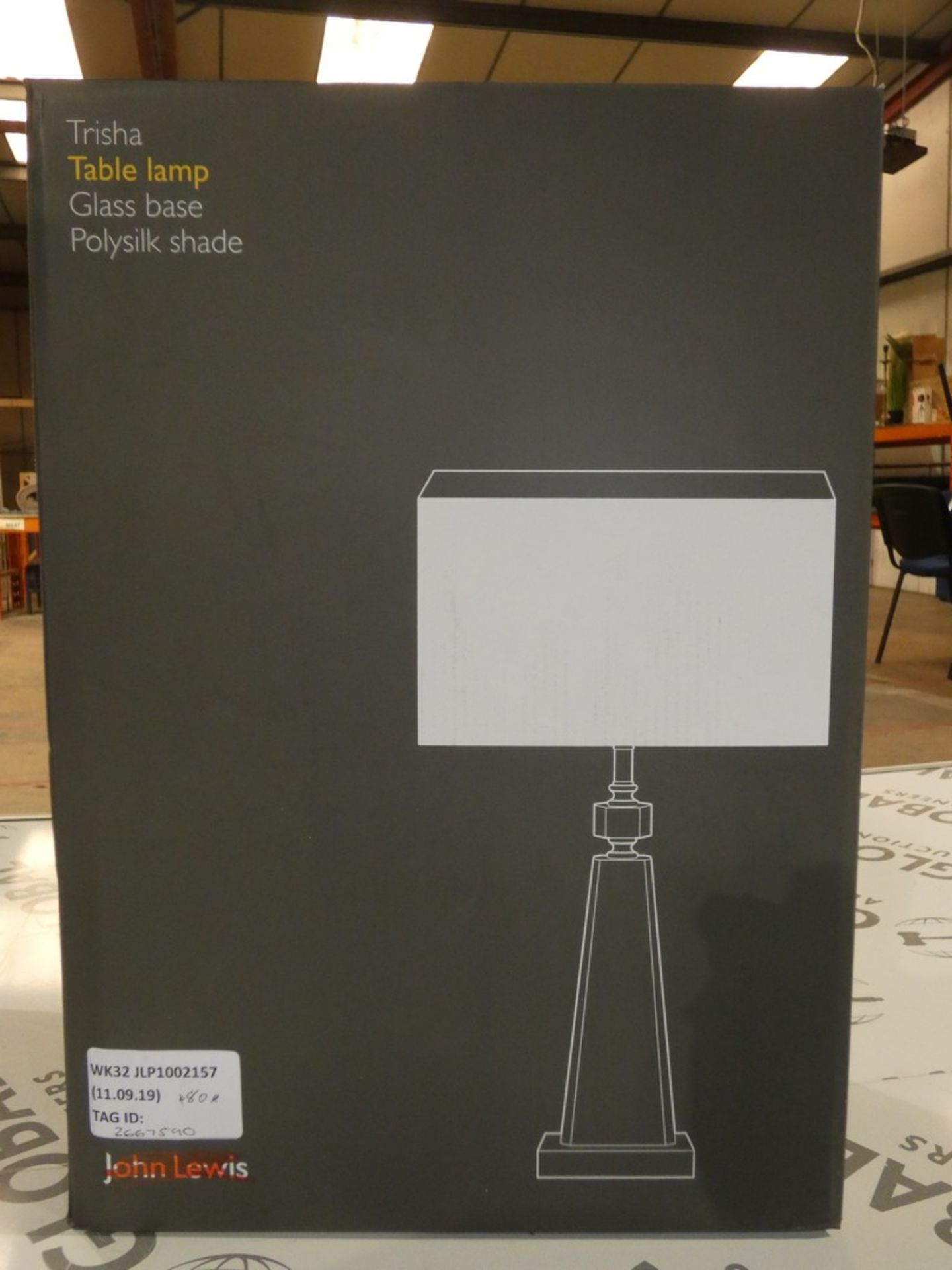 Boxed John Lewis and Partners Tricia Glass Base Poly Silk Shade Table Lamp RRP £80 (2667950) (Public