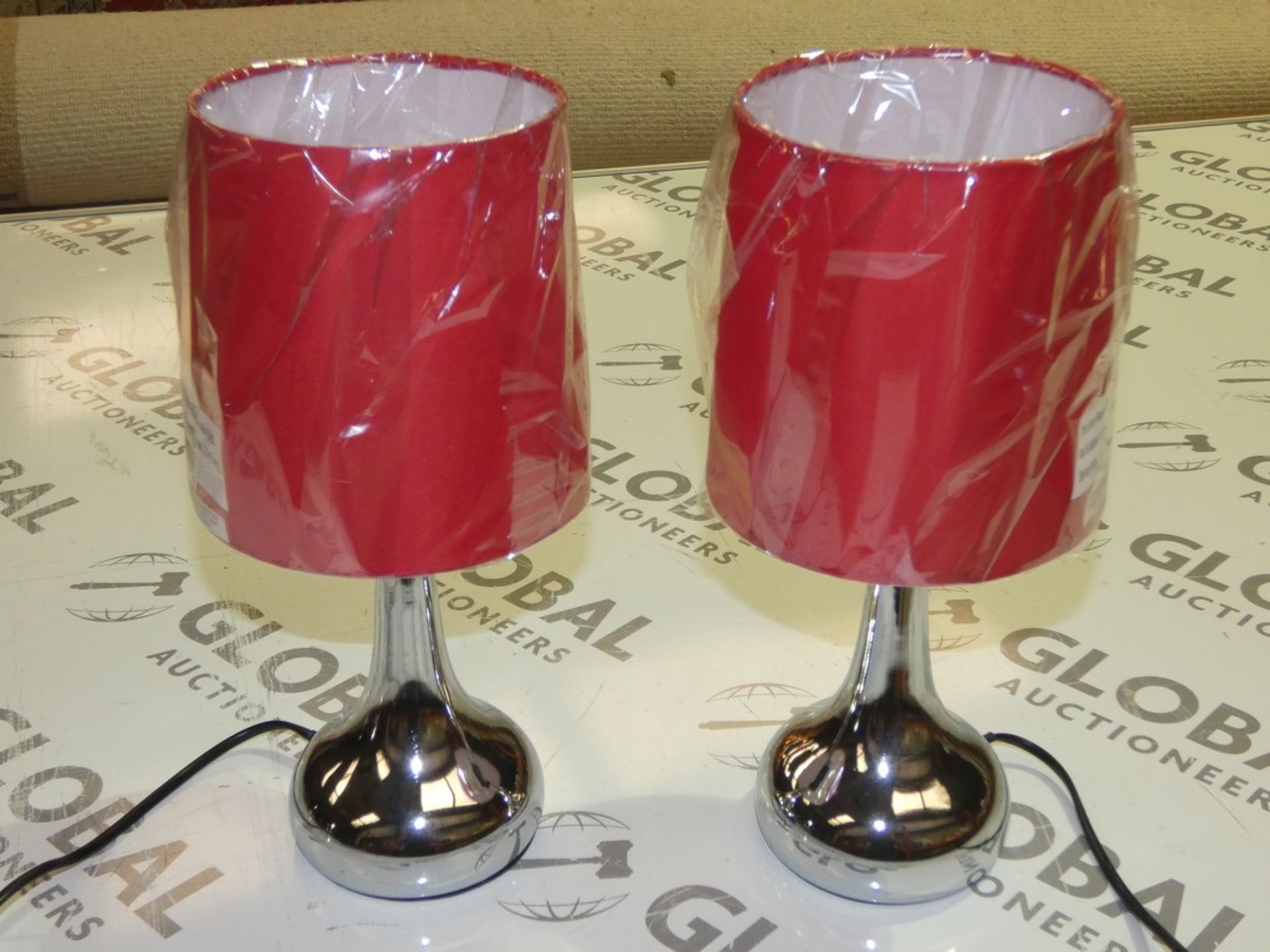 Boxed Pair of Minisun Stainless Steel and Red Fabric Table Lamps RRP £20 Each (14252) (Public