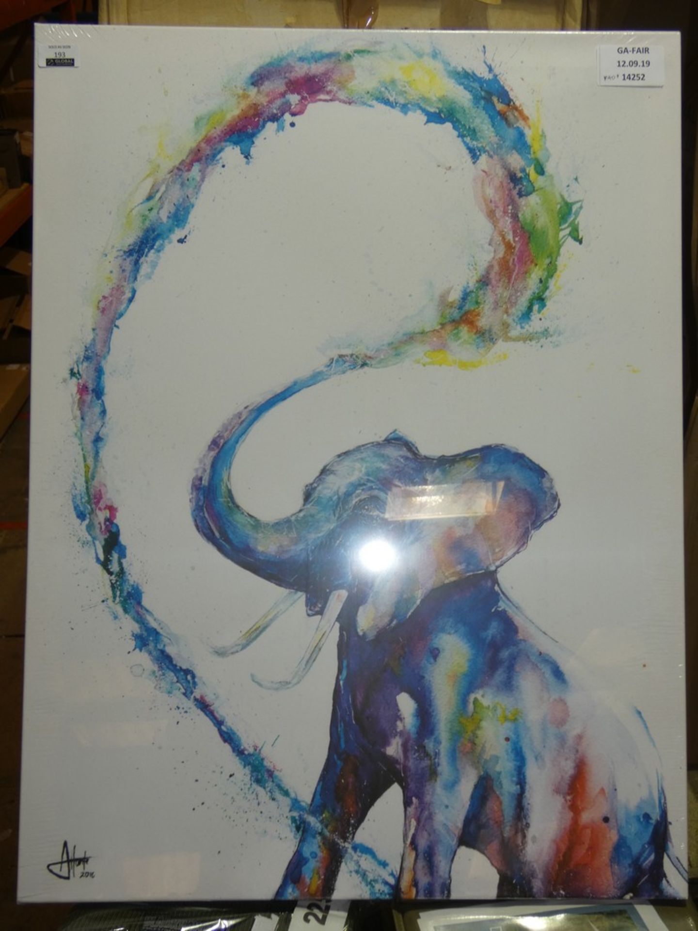 Multi Coloured Sitting Elephant Frameless Canvas Wall Art Picture RRP £40 (Public Viewing and