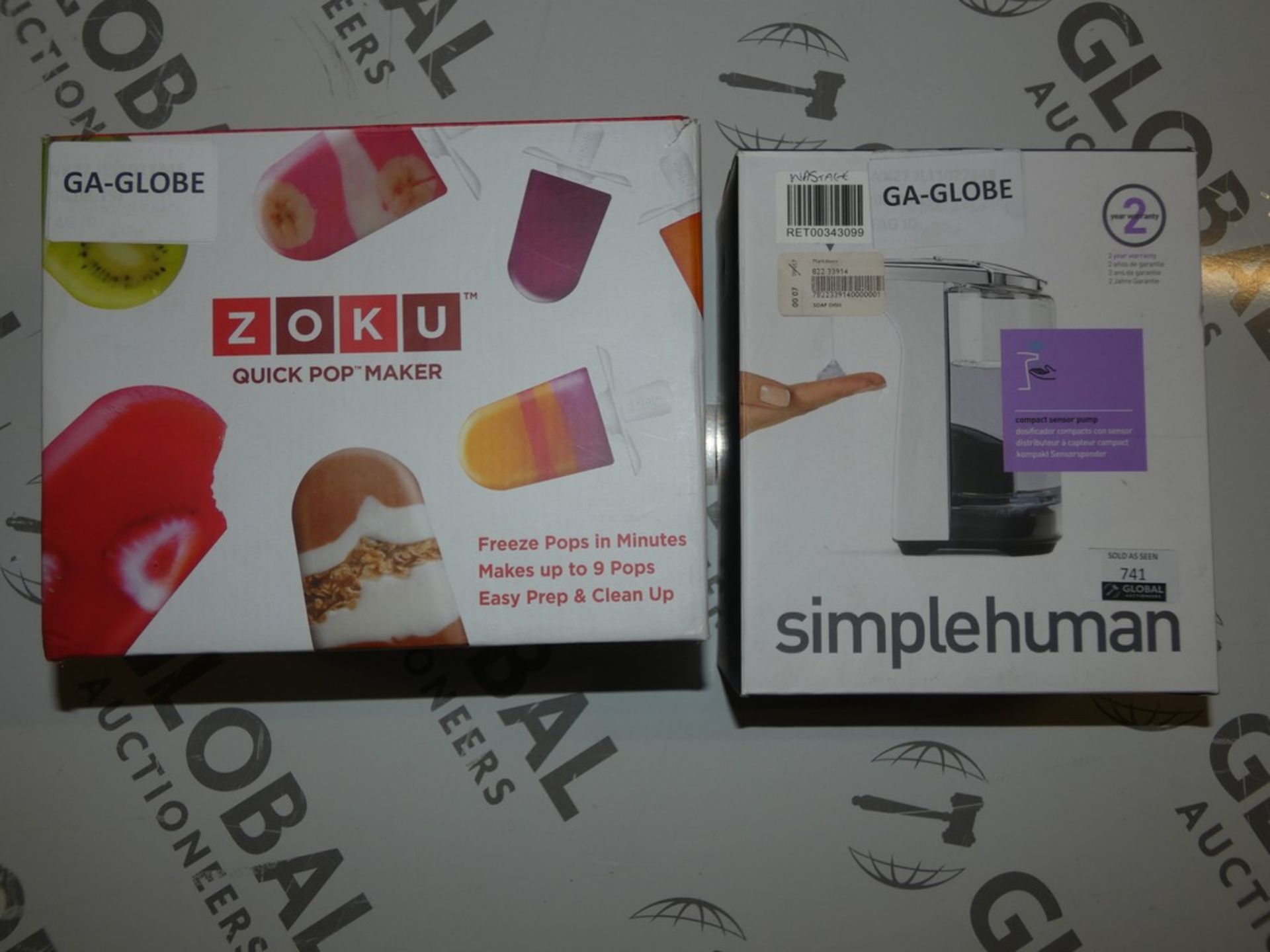 Boxed Assorted Items to Include a Zoku Quick Pop Makers and Simple Human No Touch Sensor Soap