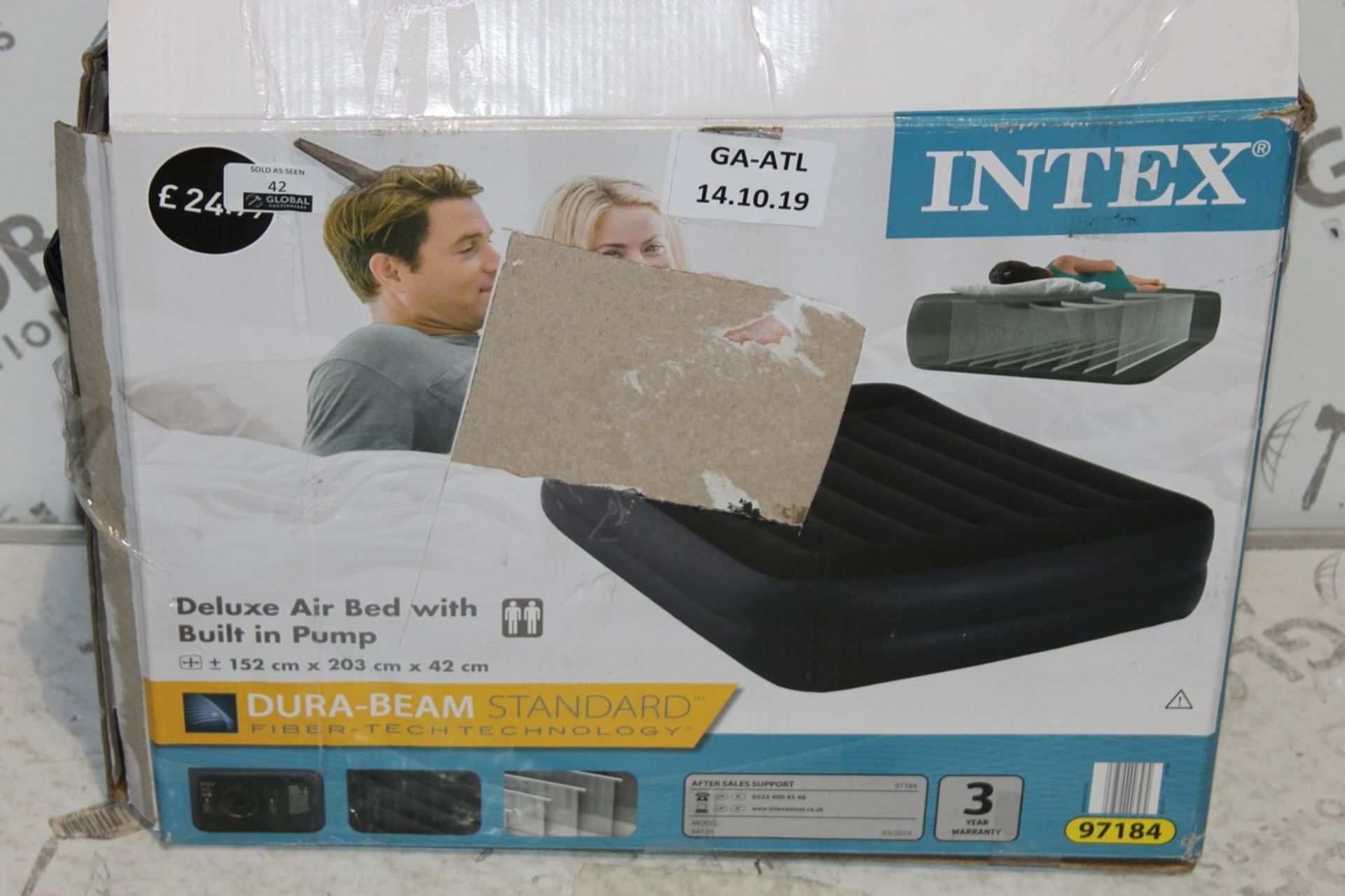 Boxed Intex Deluxe Air Bed With Built In Pump With A Durabeam Standard Fibre Tech Technology (Public