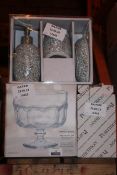 Lot to Contain 3 Boxed Assorted Items to Include a Glass Cake Trifle Bowl, Soap Dispenser Set and